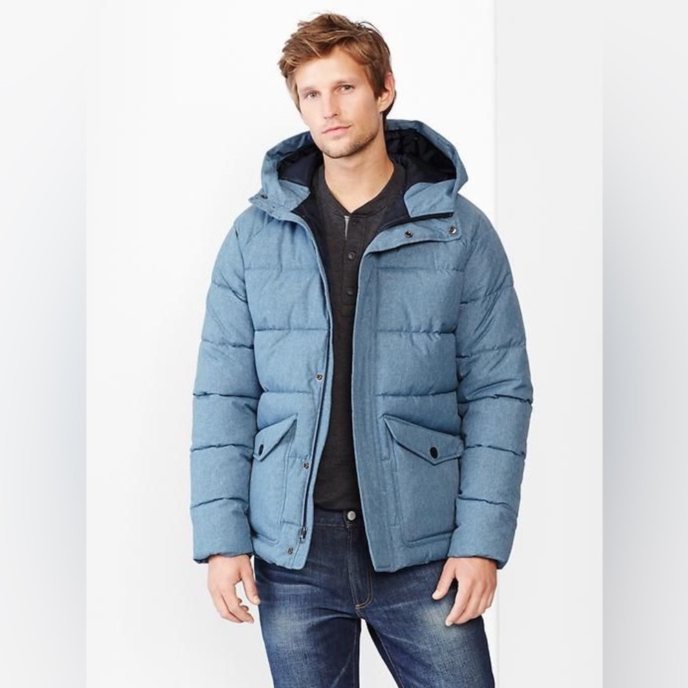 Men's Gap Blue Chambray Down Puffer Coat Parka Jacket!